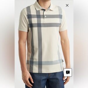 Barbour Men's Beige and Blue Blaine Tartan Plaid Checkered Polo Shirt Medium